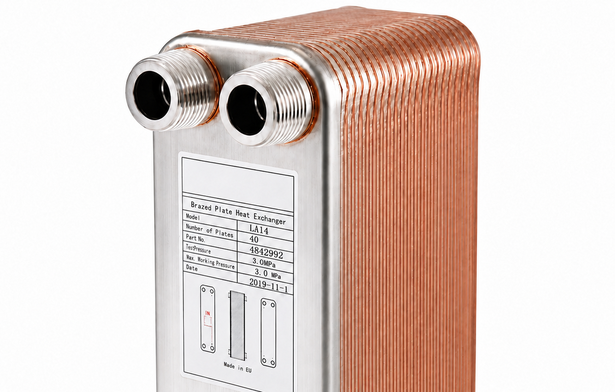 Copper brazed plate heat exchanger with threaded and soldered connections
